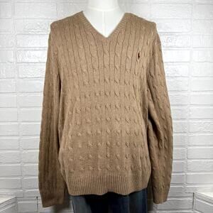 Polo Ralph Lauren Sweater Mens 2XL Brown 100% Tussah Silk Cable Knit V-Neck Cozy